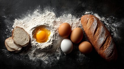 Flour, fresh bread, and eggs artfully displayed together on a dark surface, highlighting their textures and natural colors
