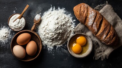 Flour, fresh bread, and eggs artfully displayed together on a dark surface, highlighting their textures and natural colors

