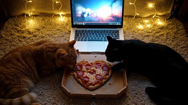 Two cats sharing a heart shaped pizza and watching a video on a laptop computer with string lights for Valentines Day.