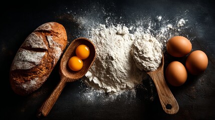 Flour, fresh bread, and eggs artfully displayed together on a dark surface, highlighting their textures and natural colors
