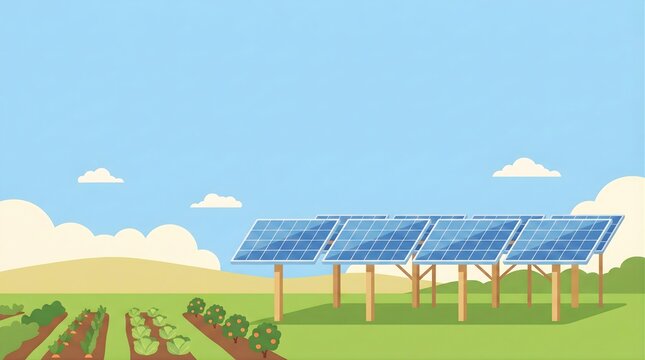 Simple agrivoltaics illustration with solar panels over vegetable fields and trees, renewable energy in farming concept.