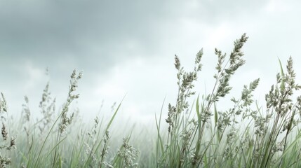 Lush Green Grass Blades Swaying Gently in the Wind Under Overcast Sky with Soft Light Creating Serene and Calming Atmosphere in Nature