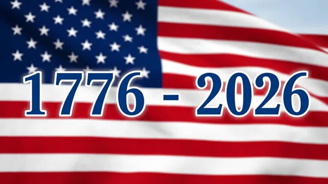 Waving american flag with 1776-2026 text for independence celebration period and national event advertising.