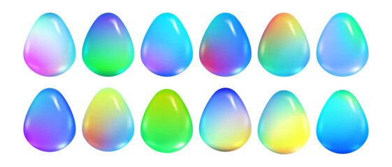 3d Easter egg gradient set Holographic solid oval cartoon shapes Happy Easter multicolored eggs Spring holidays
