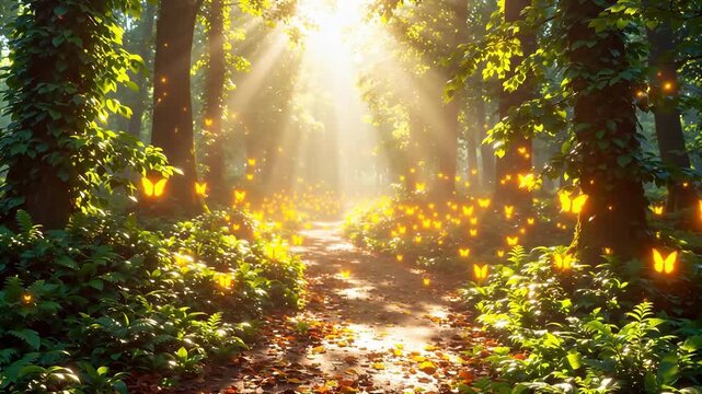 Sunlit forest path with glowing lights
