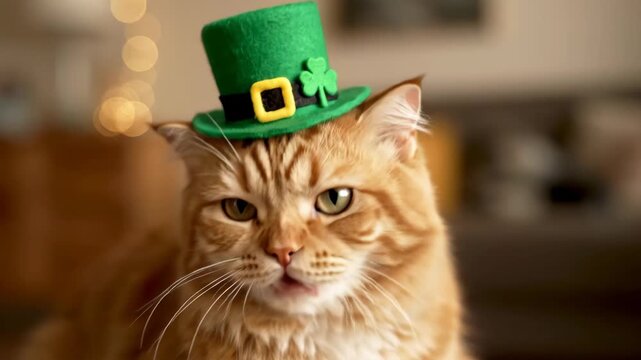 Ginger cat in a green hat with shamrock decoration showing different expressions, from squinting to mouth open, for pet calendar