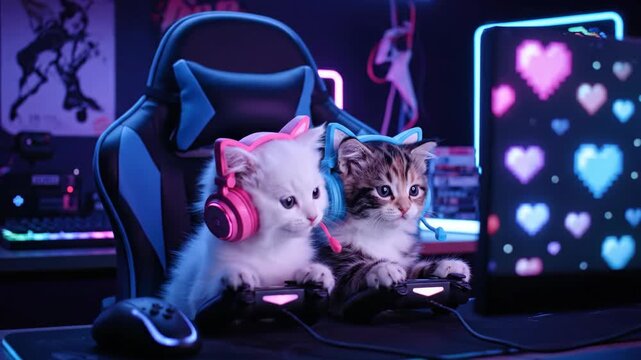 Two kittens with gaming headsets looking at the monitor with pixel heart graphics in a neon-lit room