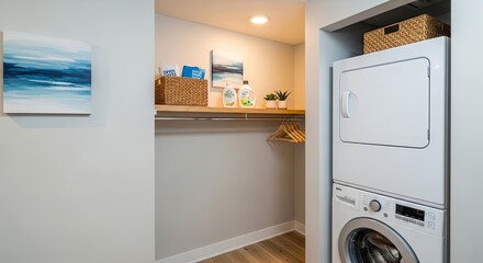 Fototapeta premium Modern laundry room interior with stacked washer dryer and decorative elements