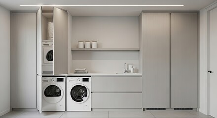 Fototapeta premium Modern laundry room interior with washing machines and storage cabinets