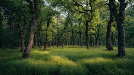 Obraz premium Lush Green Forest with Tall Trees and Sunlight Filtering Through Leaves in a Peaceful Nature Setting for Relaxation and Outdoor Inspiration