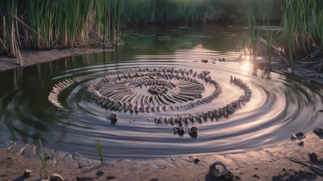 A still pond with a spiral of bones reflecting the sky and reeds, with shallow water and ripples