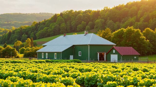 Farmhouse with Crop Field and Forested Hills