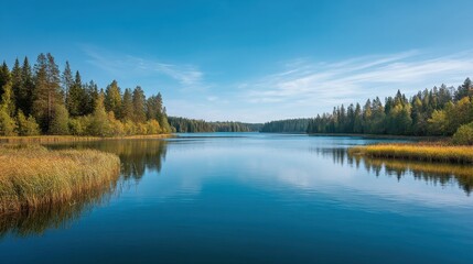 Obraz premium Serene Lakeside View with Blue Sky and Reflection of Green Trees in Calm Waters during Autumn in a Peaceful Natural Environment