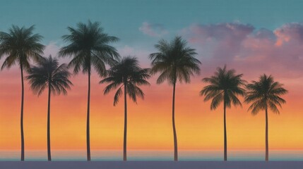 Obraz premium Serene Sunset with Silhouetted Palm Trees Against Vibrant Sky and Tranquil Ocean for Peaceful Nature and Travel Themes