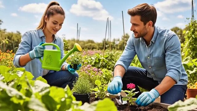 Happy couple gardening together in a vibrant sunny garden, nurturing plants and flowers
