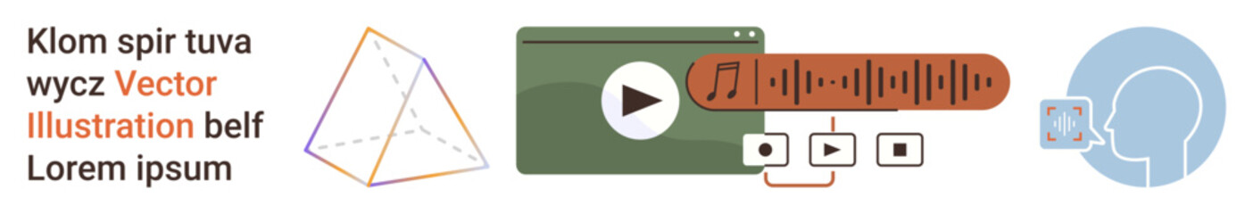 Multimedia tools, education, communication, audio streaming, design, and user interface. A media player interface, pyramid shape and profile with a visual element. Multimedia tools and education