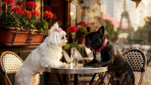 Two dogs posing at outdoor cafe table with a single rose, a romantic pet date in city setting with an iconic landmark