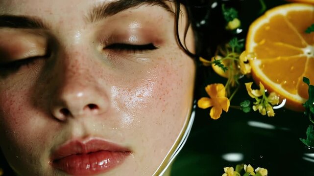Natural beauty citrus spa portrait video background with woman face in herbal water and floating lemon slices for organic skincare, wellness rituals and detox cosmetic advertising