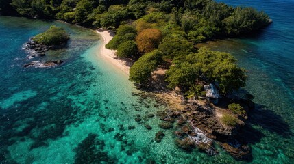 Obraz premium Stunning Aerial View of Tropical Island Surrounded by Clear Turquoise Water and Lush Greenery, Perfect for Vacation and Relaxation Themes
