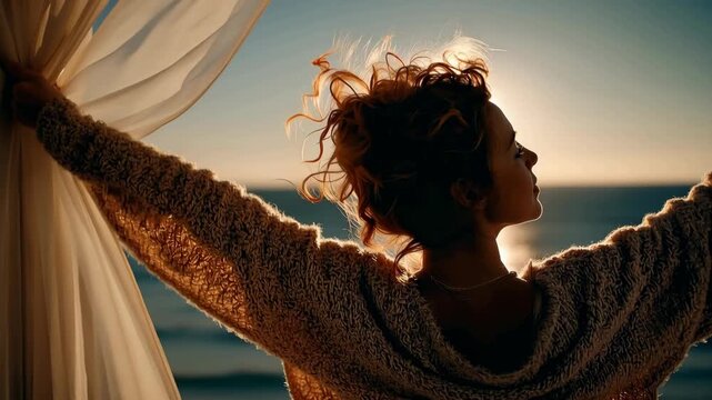 Sunrise Ocean Morning Woman Opening Curtains in Cozy Sweater Wellness Lifestyle Video Background