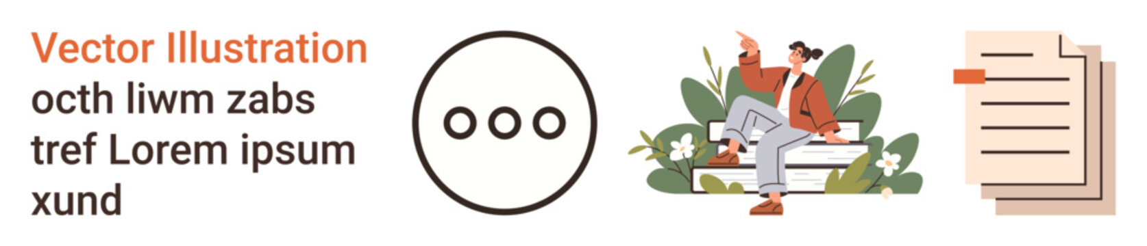 Business communication, digital messaging, team collaboration, productivity, documentation, illustrations. Circular messaging icon, two characters conversing on a bench, document graphic