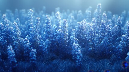 A vibrant field of tall blue flowers exhibits intricate petal patterns in a natural setting.