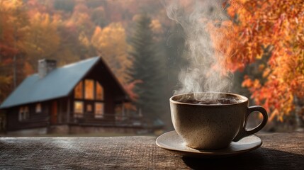 A steaming cup of coffee set against a cozy cabin surrounded by vibrant autumn foliage