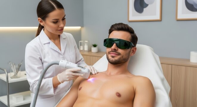 Woman beautician performing laser hair removal on man chest in professional salon. Skin care and beauty treatment for men concept.
