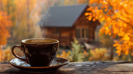A steaming cup of coffee set against a cozy cabin surrounded by vibrant autumn foliage
