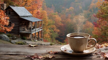 A steaming cup of coffee set against a cozy cabin surrounded by vibrant autumn foliage