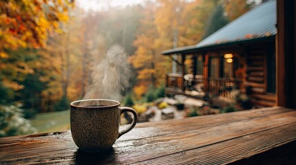 A steaming cup of coffee set against a cozy cabin surrounded by vibrant autumn foliage