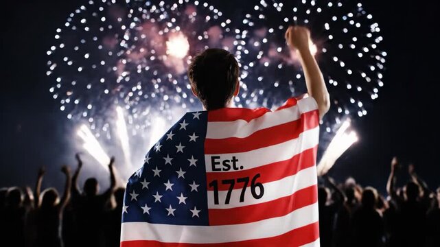 Happy child watching fireworks display wearing american flag with est 1776 celebrating independence day with crowd
