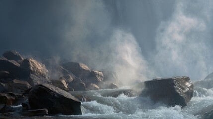 Obraz premium Serene Waterfall Cascade with Boulders and Mist Under Soft Light, Capturing the Beauty of Nature's Power and Tranquility in Stunning Detail