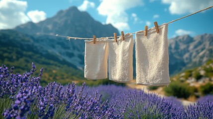 White towels are displayed on a clothesline amidst a lavender field with distant mountains and a blue sky.
