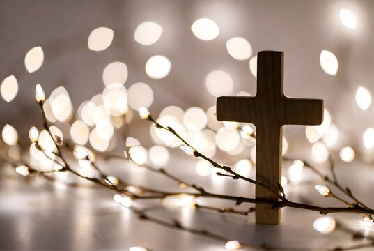 Croix en bois blanc entour&eacute;e de lumi&egrave;res scintillantes et fleurs, symbole de la croix chr&eacute;tienne pour P&acirc;ques et communion