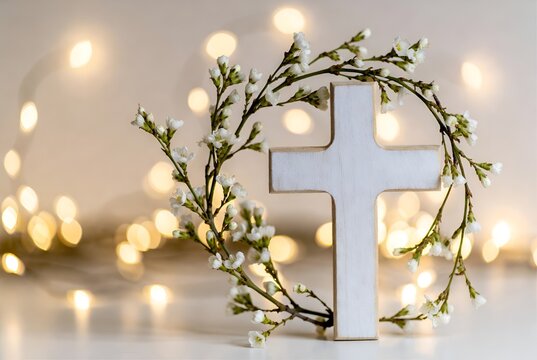 Croix en bois blanc entour&eacute;e de lumi&egrave;res scintillantes et fleurs, symbole de la croix chr&eacute;tienne pour P&acirc;ques et communion