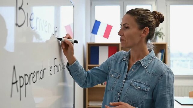Instructor engaging students by writing on whiteboard while demonstrating language learning techniques with clear visual communication and enthusiasm
