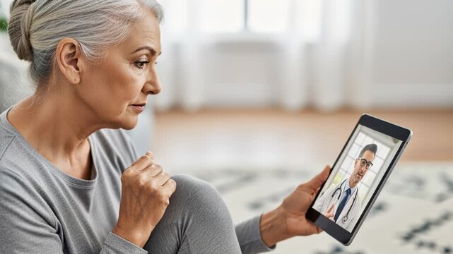 elderly woman engaged in virtual doctor consultation at home on a tablet