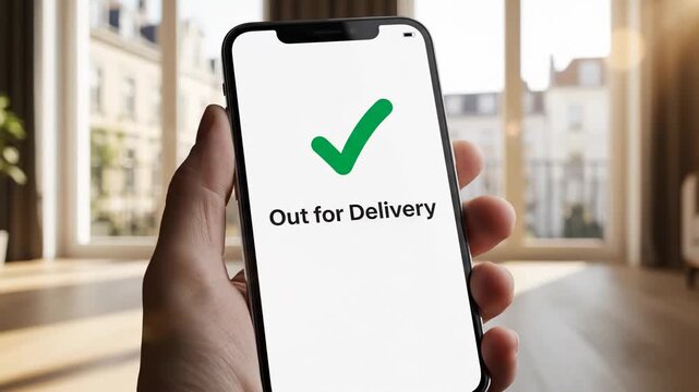 Hand holding smartphone displaying delivery status update with checkmark, indicating successful delivery confirmation in a bright, modern indoor setting