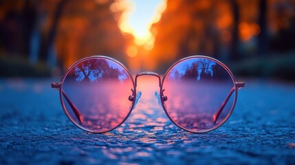 Round sunglasses rest on a textured surface with a gradient sky background of orange and blue.