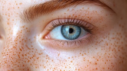 A close-up image reveals a human eye with prominent freckles, highlighting natural skin details.