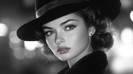 A woman wearing a black hat with a fur collar is captured in a close-up portrait, conveying an atmosphere of mystery.