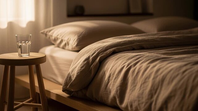 cozy bedroom setting with natural sunlight casting over bed and wooden furniture enhancing tranquility