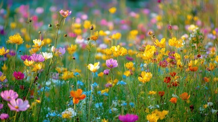 Vibrant Wildflower Meadow with Colorful Blooms and Soft Green Grass in Spring Season, Perfect for Nature and Floral Themes, Scenic Background