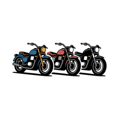 Obraz premium Three colorful motorcycles parked side by side on a white background