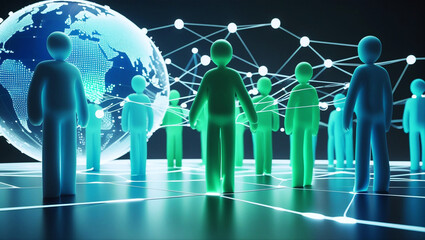Global Communication Concept with Stylized 3D Figures and Digital Network Earth Globe. Technology
