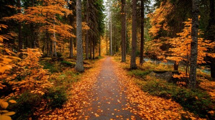 Obraz premium Scenic Autumn Pathway Surrounded by Vibrant Orange Leaves and Tall Evergreen Trees in a Peaceful Forest Setting
