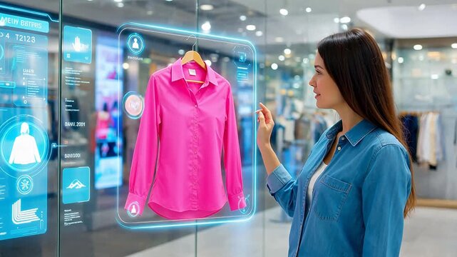 Woman interacting with virtual clothing display