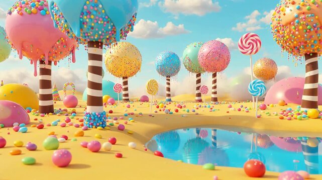 Candy land with colorful trees and sweets