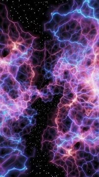 electric purple nebula against starfield, swirling plasma filaments pulse with neon blue and pink, deep space void dotted with tiny stars, abstract cosmic energy and futuristic scifi vibe